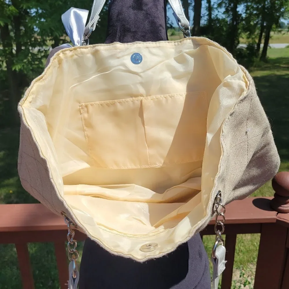 Ladies Shoulder Tote Bag Purse with bow, Cream color